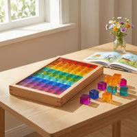 Acrylic Blocks with Wooden Tray Colorful Cube Blocks with Wooden Frame Stackable Acrylic Building Cubes for Nursery