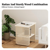 Two-Tier Woven-Panel Side Table Japanese Design 2-Tier Table Space-Saving