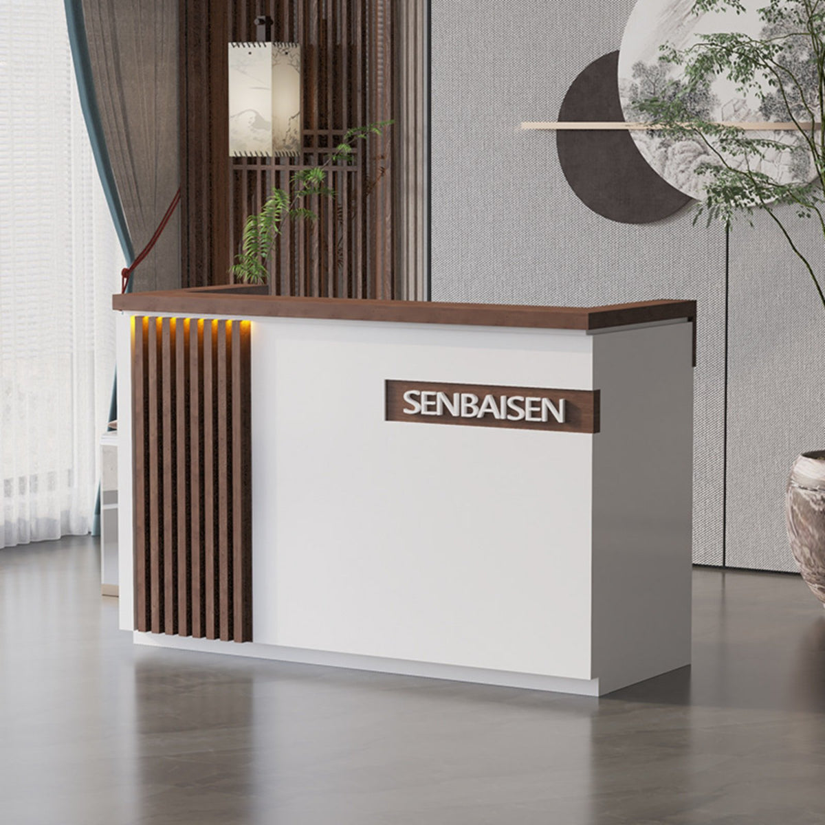 Receptionist Desk Modern Front Desk Reception Counter Sturdy Construction Varnished Finish with Ambient Lighting Suitable for Business Owners Office Salon Retail