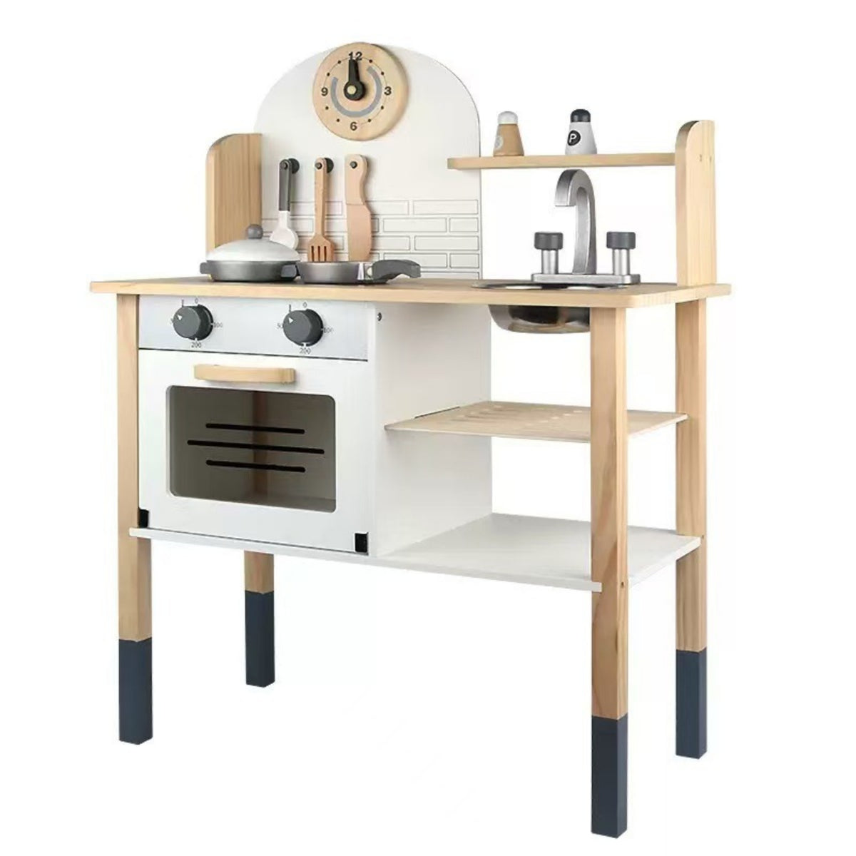 Wooden Play Kitchen Freestanding Pretend Play Kitchen with Accessories BPA Toy Cookware Set for Playroom