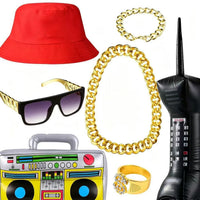Hip Hop Gold Necklace Bracelet Black Bucket Hat Sunglasses Dollar Ring Party Costume Set