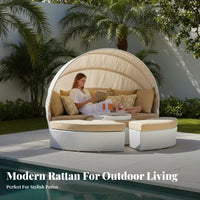Wicker Weave Design Round sunshade Daybed Weather Resistant Round Daybed with sunshade Comfortable paddings Outdoor Furniture Sturdy Construction for Hotel Owners, Party Hosts, Garden, waterside, Terrace, rearyard