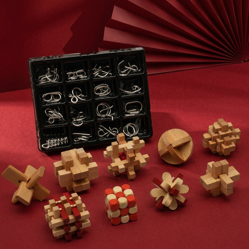 Kongming Luban Lock Brain Teaser Puzzle Set for Kids, Wooden Interlocking Disentanglement Toy Gift Box
