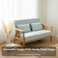 Paded Wood Frame Settee Japanese Design Upholstered Wood Frame Settee Space-Efficient Size Splayed Legs for Perusing Corner
