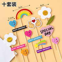 韩国ins风彩旗蛋糕装饰插件HBD笑脸太阳花朵小熊爱心热卖生日插牌