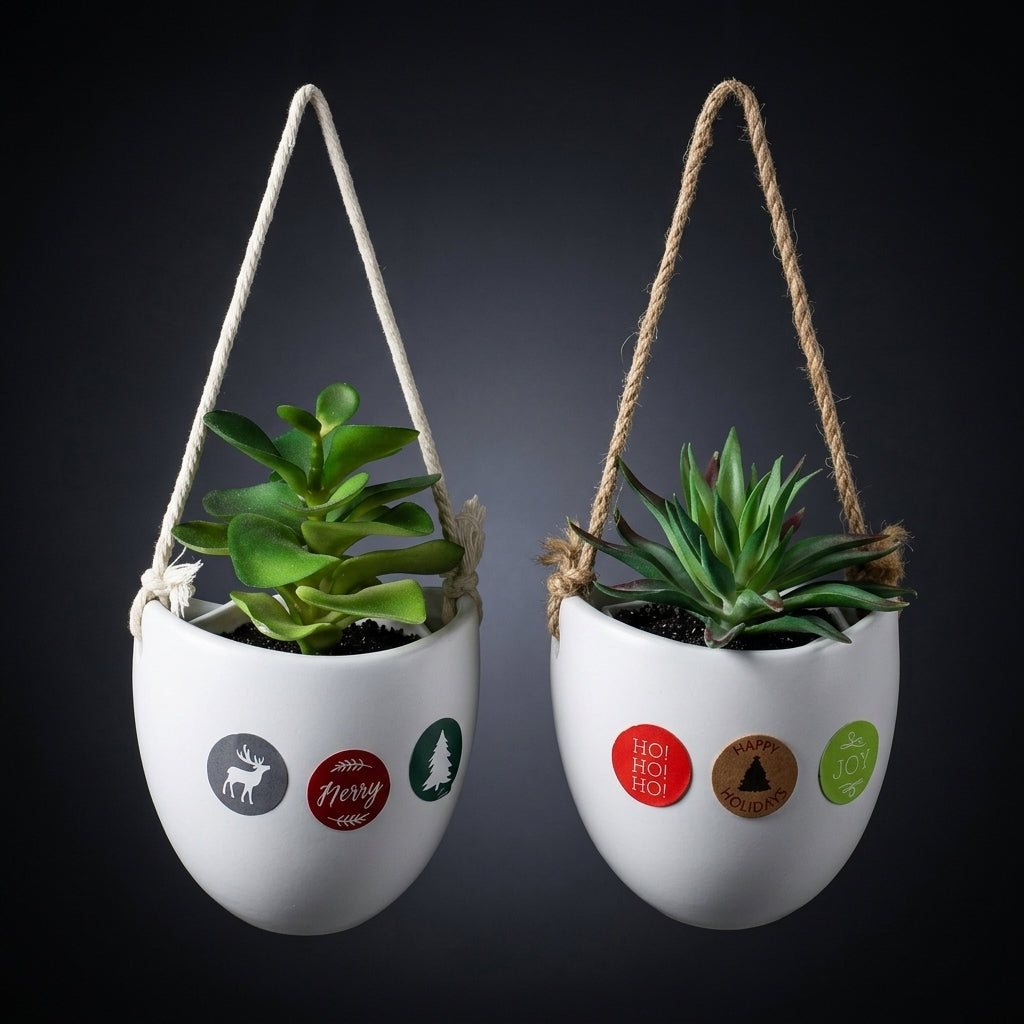 Plant Pots and Flower Pots for a Hanging Plant, Pack of 2 Oval Ceramic Wall Planter for Home Office, Glazed Air Plant Holder, Gift for Lovers