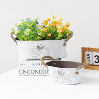 Vintage Oval Flower Pot with Rope Handle and Bird Pattern