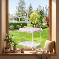 Cat Hammock Window Perch with 2 Levels, Solid Wood Hanging Bed for Large Indoor Cats, Suction Cup Mounted Smooth Textile Double Tier Rest Area