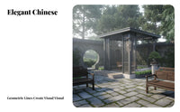 New Chinese Design Hardtop Gazebo Antique Inspired Design Flat-Roofed Slatted Shelter Sun Protection Garden Pavilion Weather-Resistant for Landscape Architects, Property Developers, Backyard, Scenic Areas, Hotel Grounds, Poolside