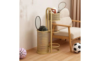 Freestanding Ball Storage Rack with Basket Floor-Standing Sports Equipment Storage Rack Multi-Level Sports Gear Organizer Versatile for Entryway