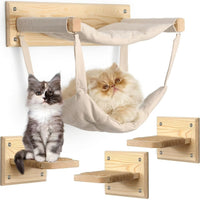 Cat Climbing Frame with Wall Mounted Bed and Textile Hammock, Solid Wood Five-Tier Perch for Large Indoor Cats