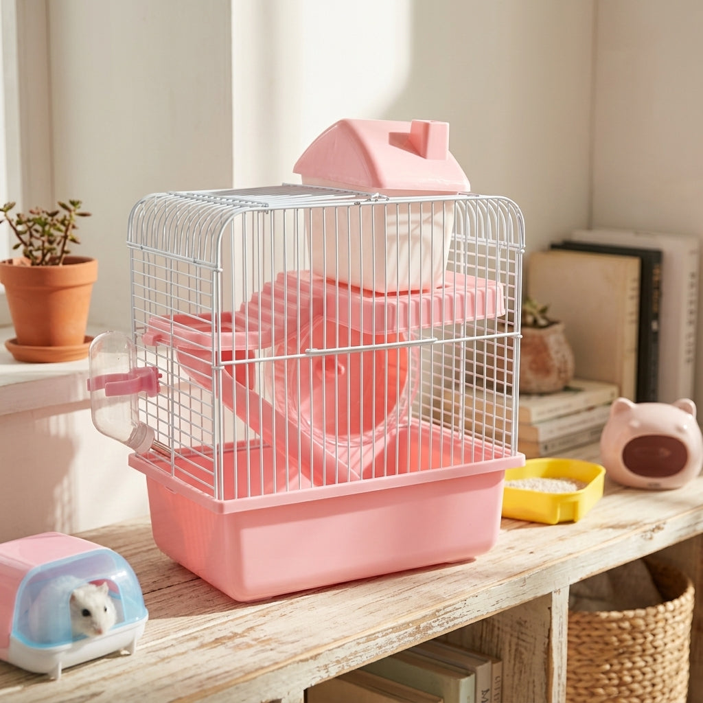 Hamster Cage and Syrian Hamster Habitat, 2-Tier Square Cartoon Style Golden Hamster Cage, Beginner Small Hamster Set for Indoor Use