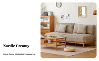 Nordic Inspired 3-Person Wooden Frame Sofabed Natural Wood details Upholstered Couch Minimalist Aesthetic transformable Settee 2-in-1 Design for Young Adults, Homeowners, Hosts, Living Room, Studio Apartment, Home Office