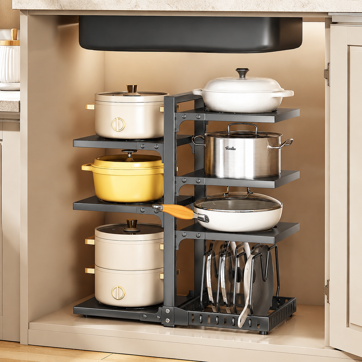 Kitchen Rack, 5-Tier, Steel Rack, Powder Coated, Height Adjustable, Pot Lid Storage, Under Counter Storage