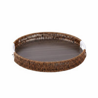 Faux-Rattan Tray Wood-Grain Round Rattan Serving Tray Dark