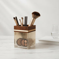Acrylic Makeup Brush Holder Multi-Functional Square Vanity Brush Cup Elegant Design Walnut Wood Cosmetic Organizer for Office Desk, Washroom Counter