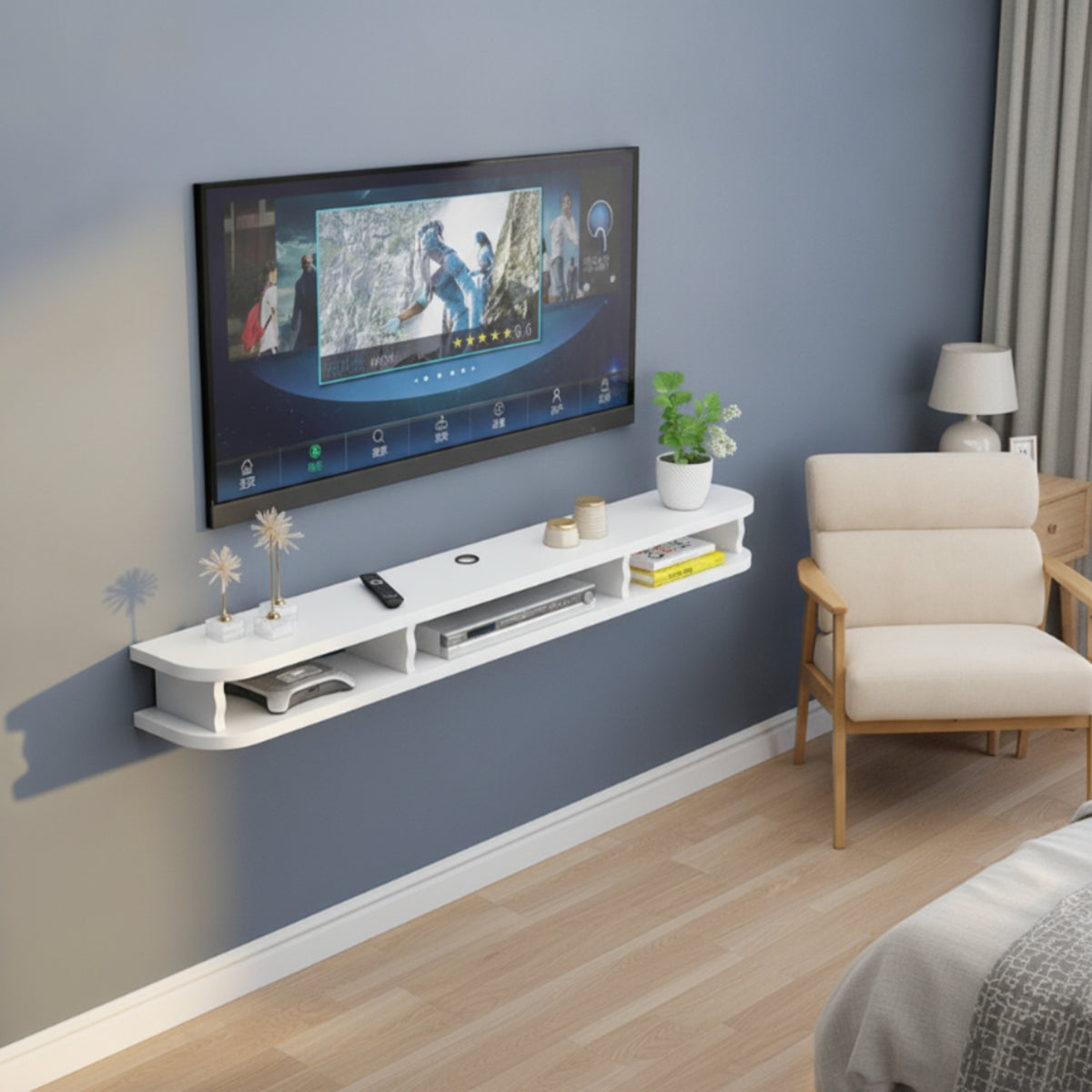 Wall-Mounted TV Cabinet with Cable Hole Rounded Corners Wall-Mounted TV Cabinet Space-Saving Surface-Mounted Media Shelf for Living Room