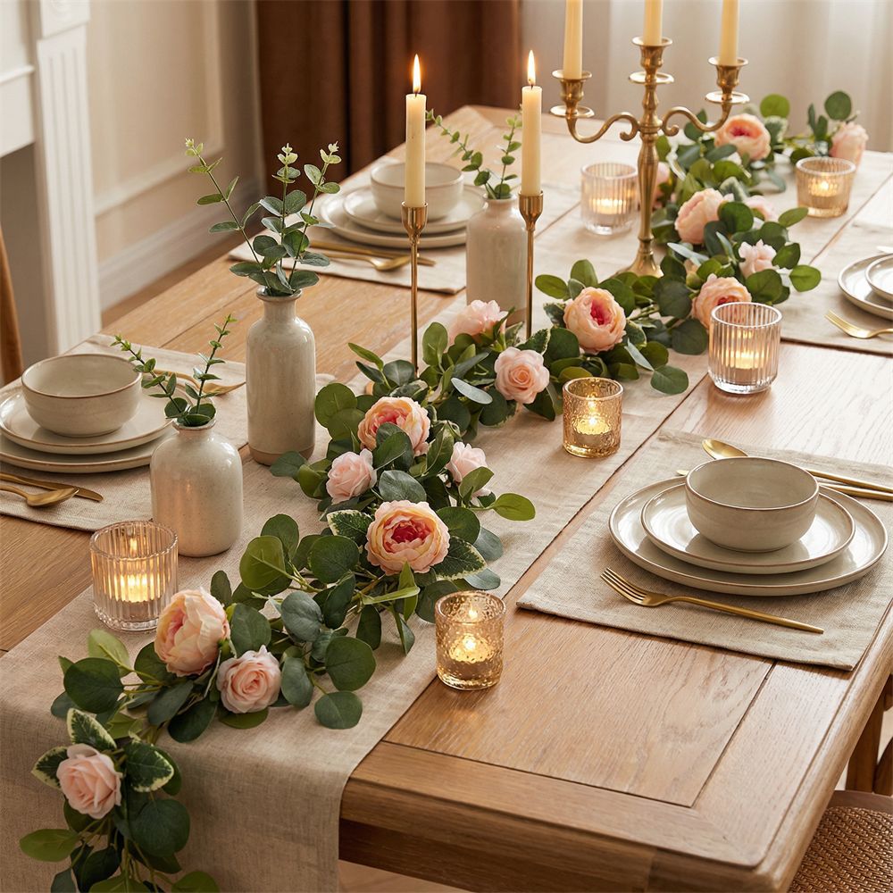 Artificial Rose Vine with 36 Champagne Pink Peony Heads for Home and Outdoor Decor