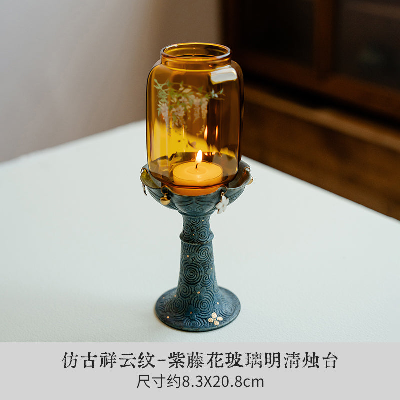 昌朴居烛台仿古祥云纹紫藤玻璃中式禅意摆件家具蜡烛茶室茶道摆件