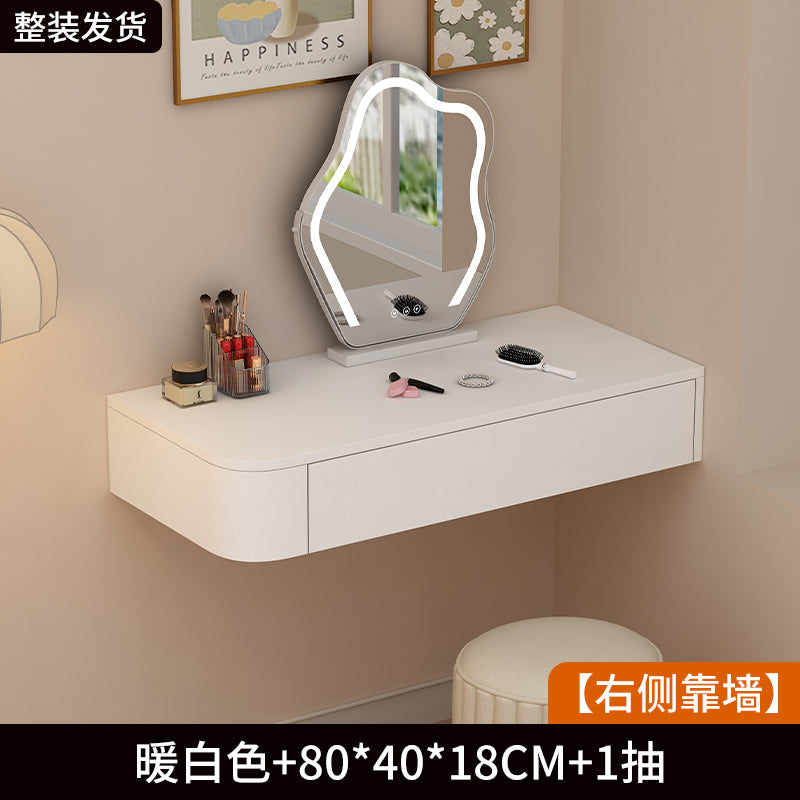 实木悬空梳妆台卧室小户型现代简约奶油风新款壁挂靠墙收纳化妆桌 实木 E0级实木悬空梳妆台★暖白色【两侧圆角】100*40*18cm