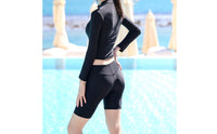 Black Zip-Front Swim Set Split Design Long Sleeve Rash Guard Swimsuit Athletic Cut Swim Shorts Set Minimal for Women, Swimming, Snorkeling, Surfing