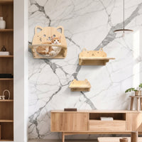 Cat Shelves Climbing Frame with Suction Cup, Solid Wood Wall Mounted Shelf with Capsule Bed, Animal Face Cutout for Indoor Cats Climbing Lounging
