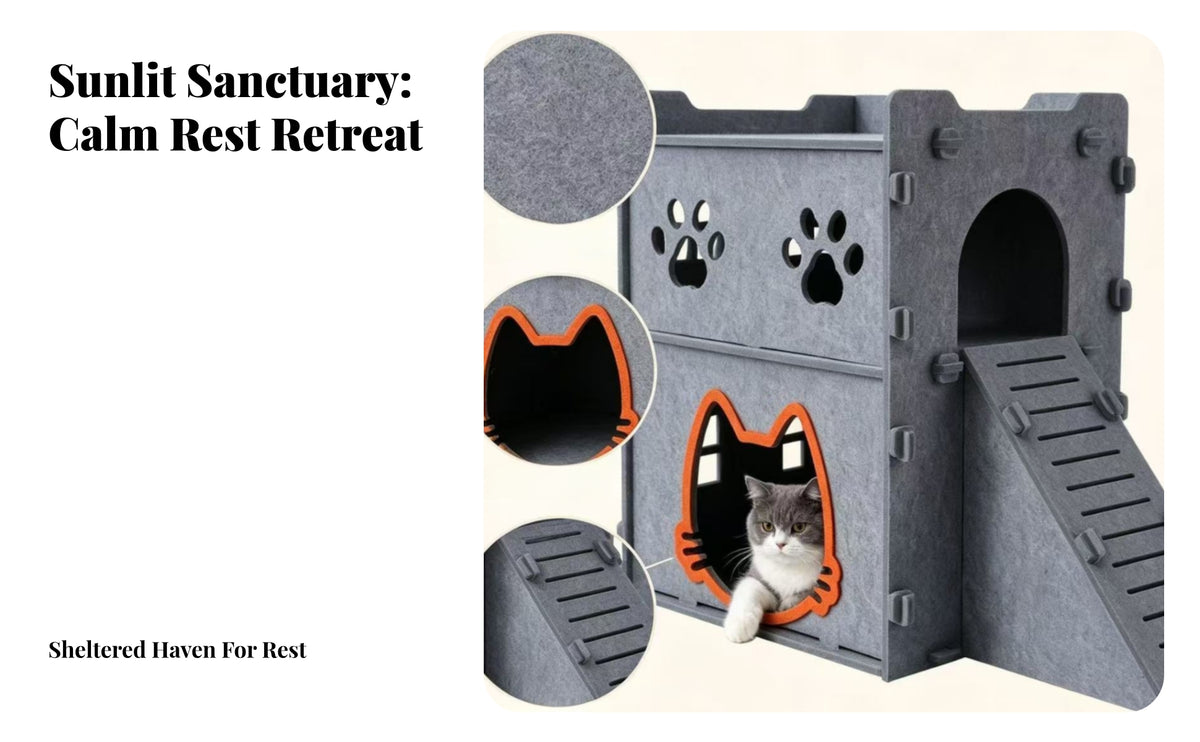 Enclosed Felt Cat House with Ramp | Paw-Print Cutout Openings, Cat Hideaway with Ramp, for Living Room