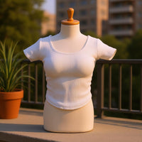 Stretchy Women's Figure T-Shirt Short Sleeve Female Action Figure Shirt Curved Hem Fitted Doll Top Visible Stitching
