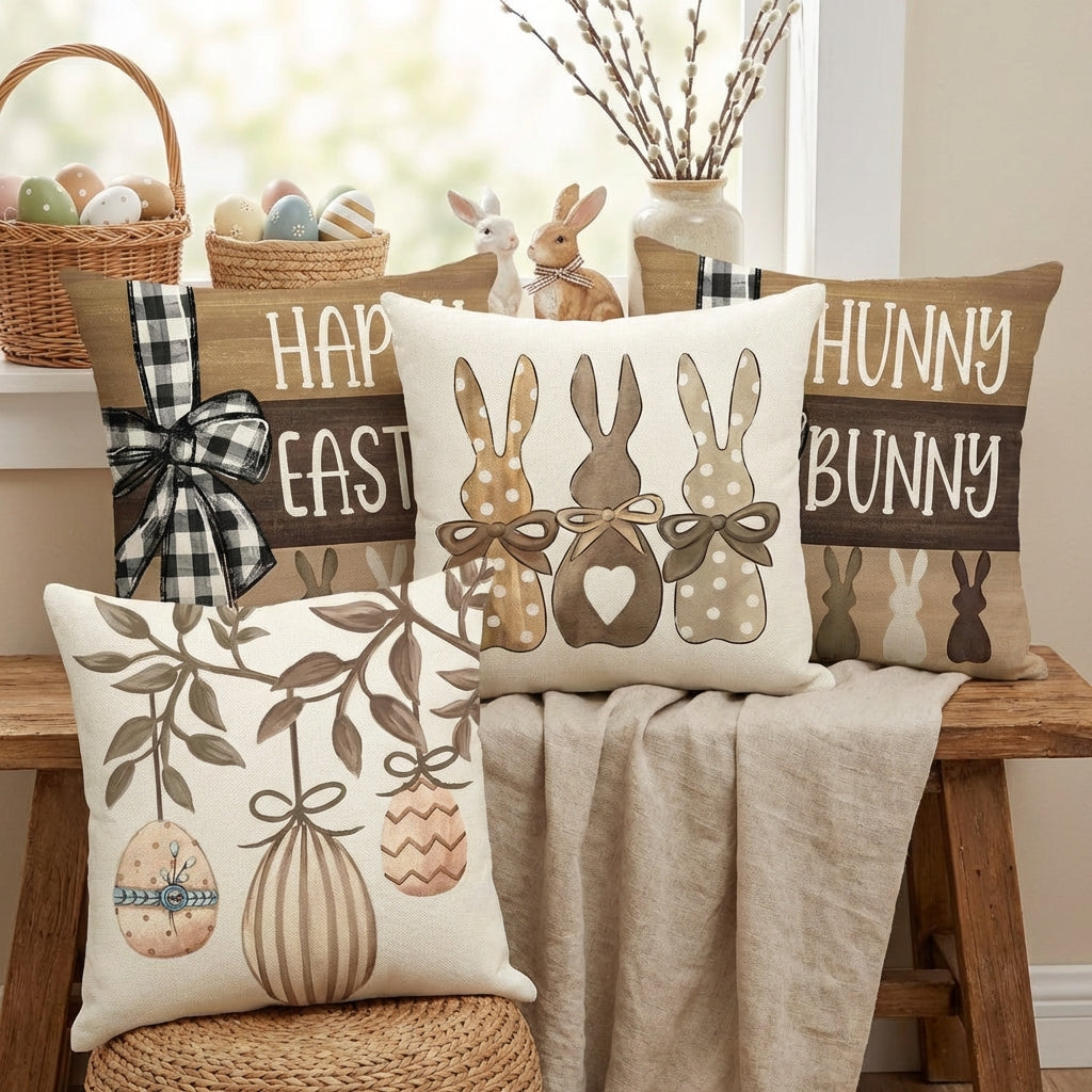 4pcs Easter Pillow Cover Festive Design Decorative Easter Egg Pillow Sham Soft & Comfortable Hare Illustration Throw Pillowcase for Homeowners, Sofa