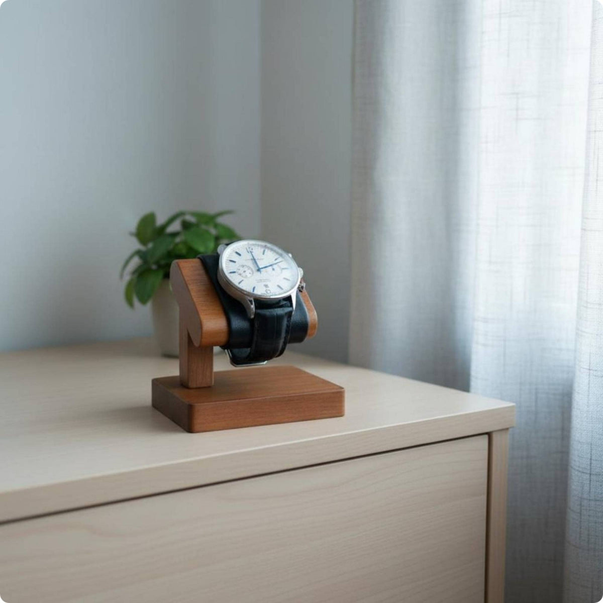Padded Wooden Watch Display Stand Curved Top Single Watch Stand Rectangular Base Storage Piece Wood Grain