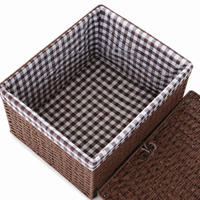 Paper Rope Storage Basket with Lid, 38x26x25cm Woven Rectangular Hamper, Plaid Lined for Living Room & Kids Bedroom