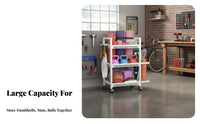 Home Gym Storage Rack Portable with Lockable Wheels Rolling Sports Accessories Rack Includes Hooks and Container Home Gym Storage Cart for Families