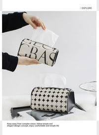 Textured Luxury Retro Pattern Tissue Box, Leather, Black and White