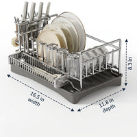 Dish Rack Kitchen Counter Organizer with Utensil Holder and Plate Rack, Carbon Steel Modern Minimalist Style with Knife Block and Drain Spout