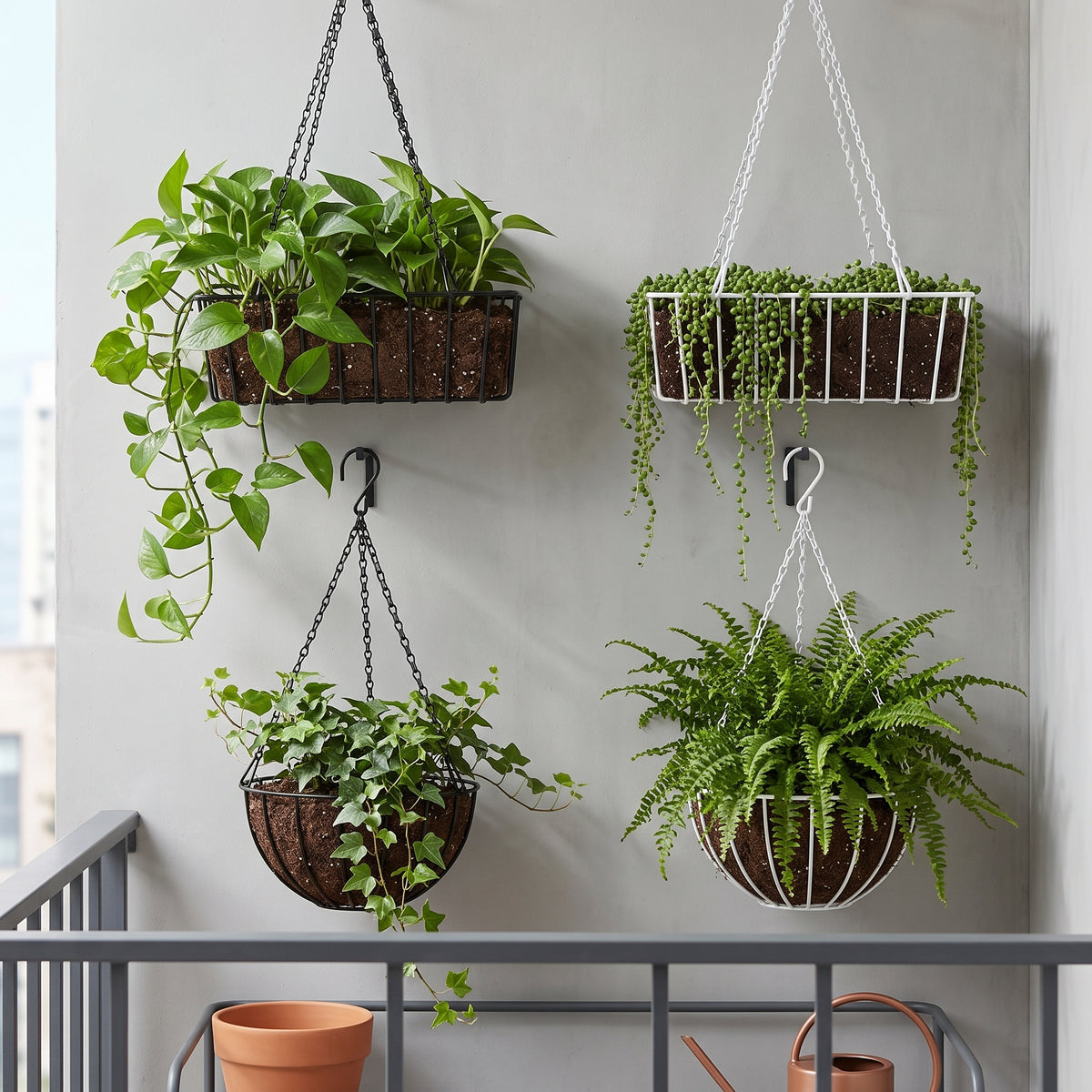 Rectangular/Round Iron Art Hanging Planter Basket for Balcony Railing, Wall-Mounted Flower Pot Holder for Succulents and Greenery