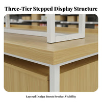 3-Tier Promotional Display Table Versatile Retail Island Display Shelf Versatile Steel and Wood Supermarket Rack for Retailers, Convenience Stores