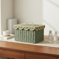 Paper Rope Basket Handwoven Lidded Storage Box Desktop Organizer for Vanity