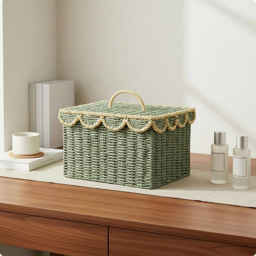 Paper Rope Basket Handwoven Lidded Storage Box Desktop Organizer for Vanity