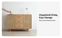 Japandi design Rattan Door Console Minimalist Design Arched Rattan Door Console Wood Grain Finish Sideboard Multi-Purpose for Homeowners, Adults, Renters, Living Room, Entryway, Hallway, Bedroom