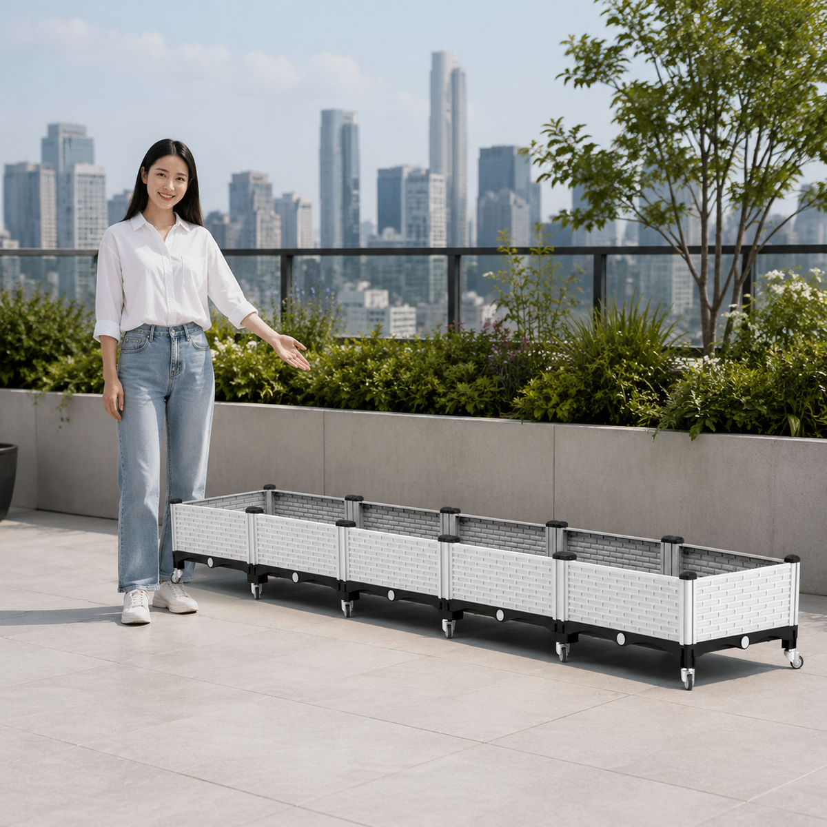 Mobile Raised Beds for Garden, Nordic Planter on Wheels, Sturdy Synthetic Material, White and Black Floor Standing