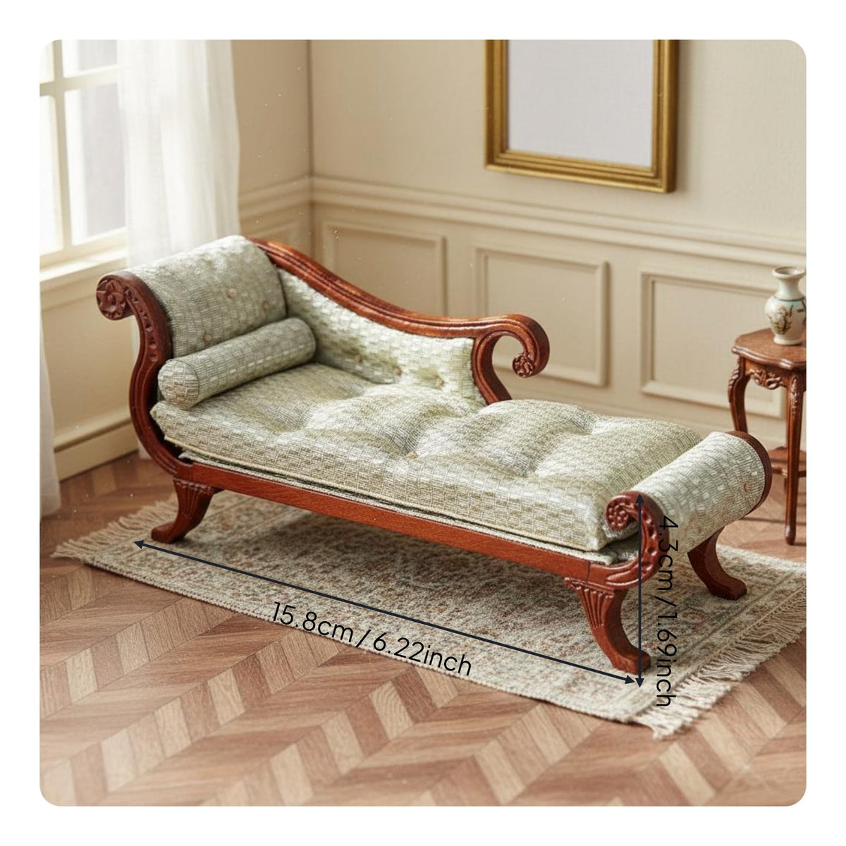 Miniature Long Seat Hand-Sewn Dollhouse Daybed Vintage Style Wooden Doll Couch for Collectors