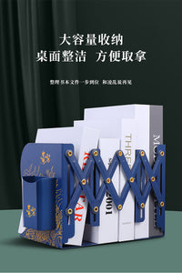 国潮风可伸缩书立架带笔筒桌面书本收纳书夹固定书本书书桌书架隔书挡板折叠书架书籍收纳神器书立架办公室 国潮风带笔筒-黑色朱雀