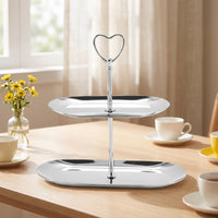 Serving Stand with Heart Handle Stainless Steel Two-Tier Serving Stand Metal Tiered Tray for Hosts, Afternoon Tea, Cafes