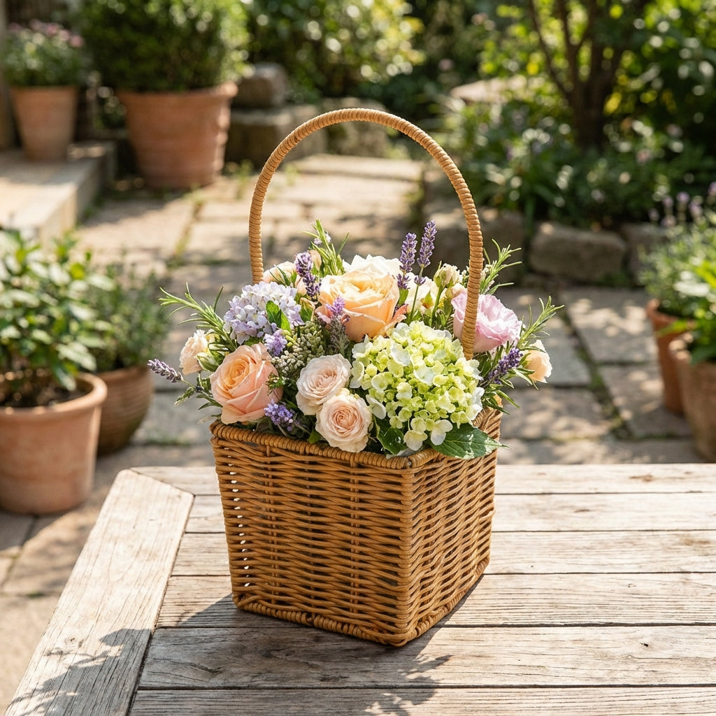 Woven Flower Basket with Handle, Lined Rattan Design Planter, Empty Easter Egg Hunt Basket for Kids, Weddings, DIY Gift Hampers & Garden Decor