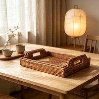 2 Pieces Handwoven Tray with Handles Rustic Wicker Tray with Handles for Hosts, Countertop Organization