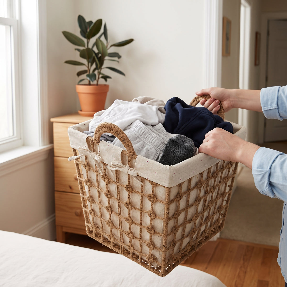 Large Capacity Hemp Rope Laundry Hamper with Handles for Hotel and Home Use