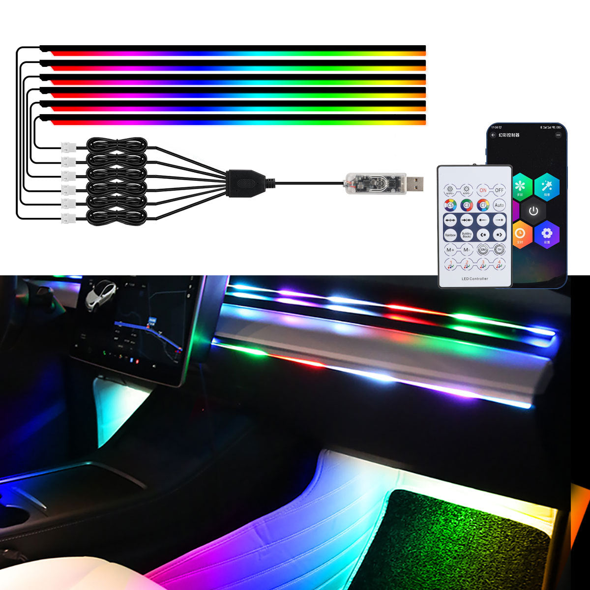 Acrylic LED Car Ambient Light Strip with App and Remote Control