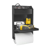 Wall-Mounted Aluminum Workstation Storage Cabinet with Flip-Out Work Area and Paper Towel Holder