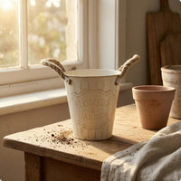 Distressed Metal Pail Planter Embossed Front Panel Decorative Item Rustic
