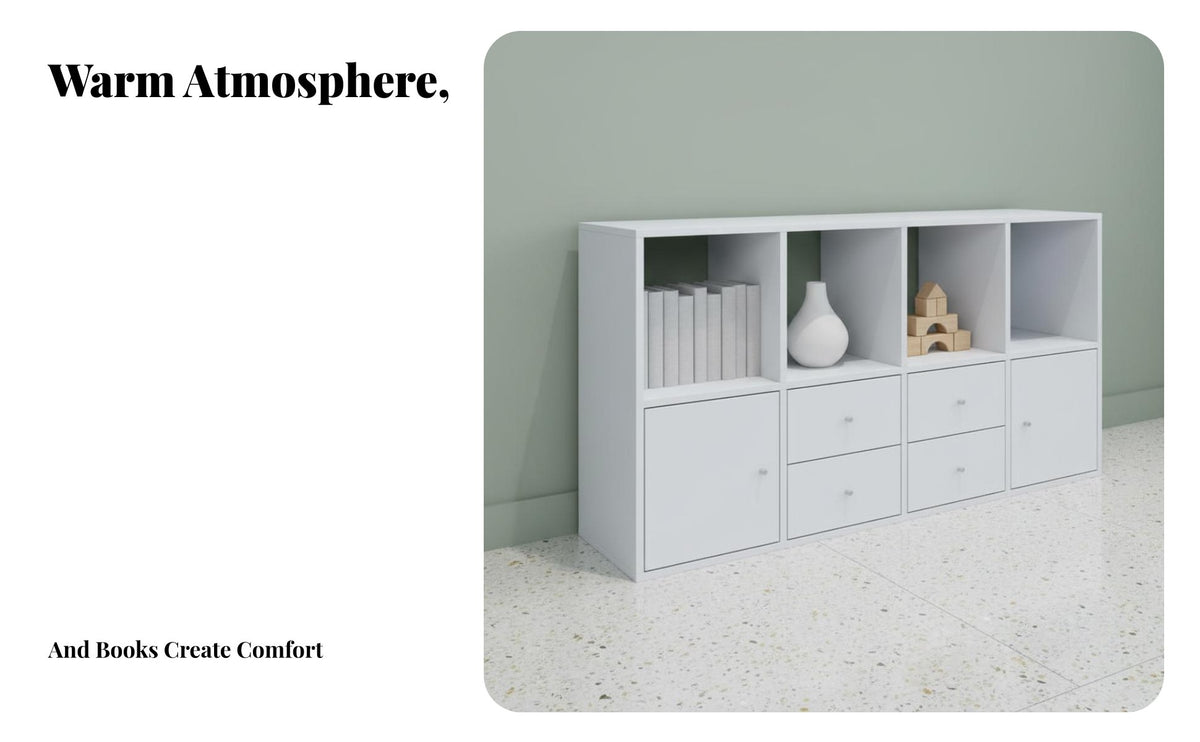 Minimalist Design Multi-Compartment Floor Organizer Childreachible Height 3-Tier Media Shelf adaptable Use Storage Cabinet Space Saving for Apartment Dwellers, Homeowners, Playroom, Nursery, Living Room, Small Spaces